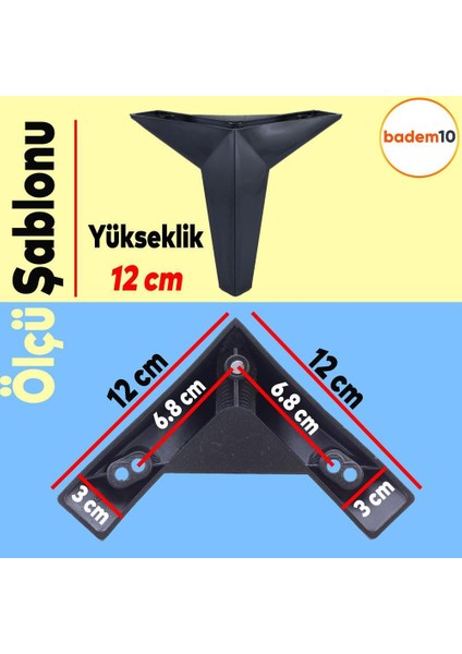 Kale 6'lı Set Mobilya Tv Ünitesi Koltuk Kanepe Destek Ayağı 12 Cm Siyah Baza Ayakları M8 Civatalı