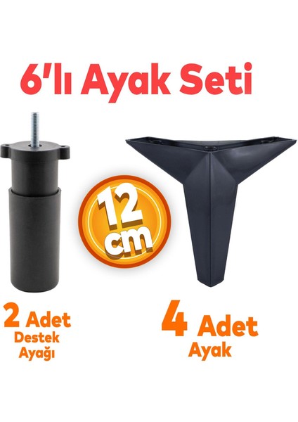 Kale 6'lı Set Mobilya Tv Ünitesi Koltuk Kanepe Destek Ayağı 12 Cm Siyah Baza Ayakları M8 Civatalı
