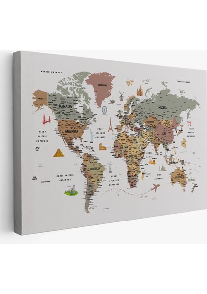 Türkçe Dünya Haritası Çok Detaylı Ünlü Yerler Sembollü Kanvas Tablo 1773
