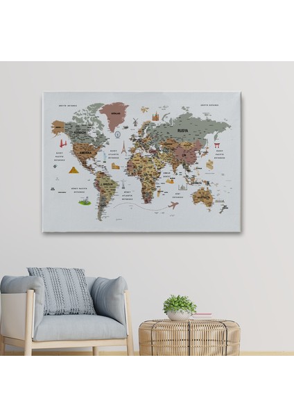 Türkçe Dünya Haritası Çok Detaylı Ünlü Yerler Sembollü Kanvas Tablo 1773 fiyatları