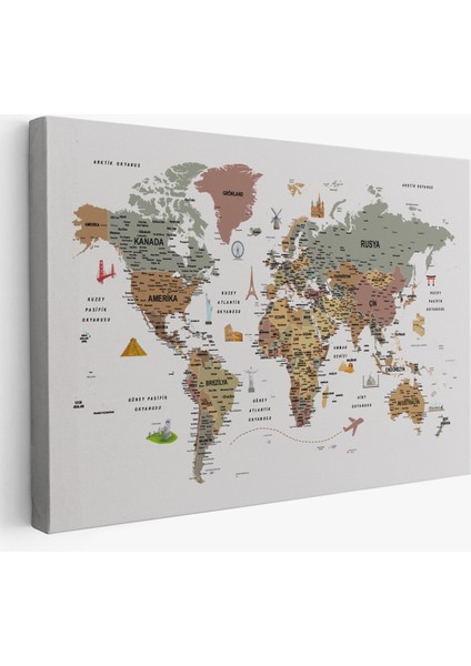 Türkçe Dünya Haritası Çok Detaylı Ünlü Yerler Sembollü Kanvas Tablo 1773