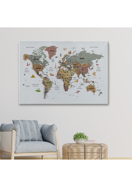 Türkçe Dünya Haritası Çok Detaylı Ünlü Yerler Sembollü Kanvas Tablo 1773 fiyatları
