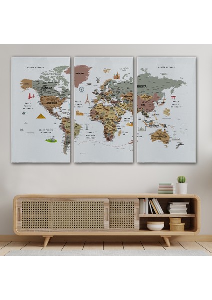Türkçe Dünya Haritası Çok Detaylı Ünlü Yerler Sembollü Kanvas Tablo 1773 modelleri