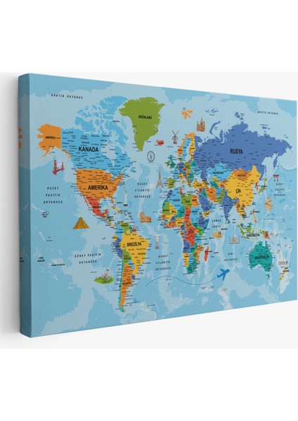 Türkçe Dünya Haritası Kanvas Tablo Son Derece Detaylı ve DEKORATIF-2040