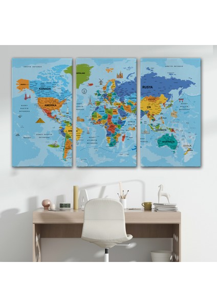 Türkçe Dünya Haritası Kanvas Tablo Son Derece Detaylı ve DEKORATIF-2040 modelleri