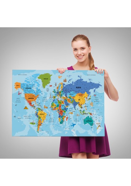 Türkçe Dünya Haritası Kanvas Tablo Son Derece Detaylı ve DEKORATIF-2040 fırsatları