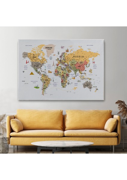 Dünya Haritası Çok Detaylı Ünlü Yerler Sembollü Kanvas Tablo 1748 fiyatları