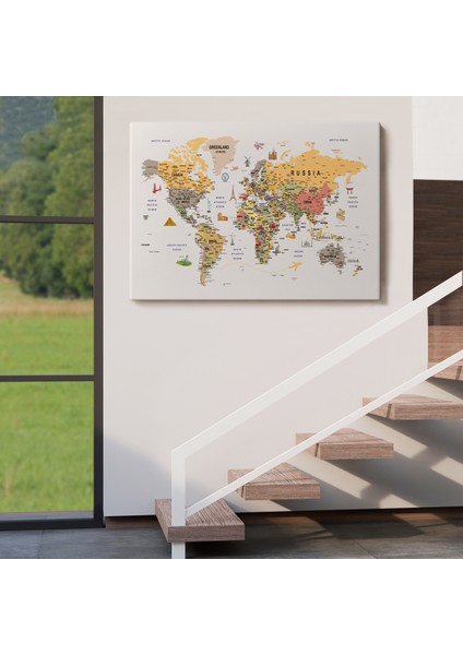 Dünya Haritası Çok Detaylı Ünlü Yerler Sembollü Kanvas Tablo 1748 indirimleri