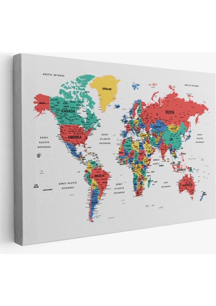 Türkçe Dünya Haritası Dekoratif Kanvas Tablo Son Derece Detaylı 1627