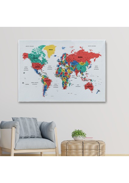 Türkçe Dünya Haritası Dekoratif Kanvas Tablo Son Derece Detaylı 1627 fiyatları