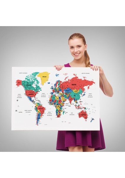 Türkçe Dünya Haritası Dekoratif Kanvas Tablo Son Derece Detaylı 1627 fırsatları
