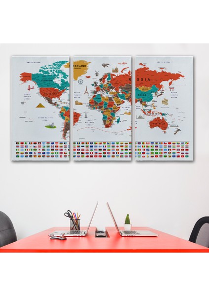 Dünya Haritası Ayrıntılı Eğitici Sembollü Bayraklı Dekoratif Kanvas Tablo 2843 modelleri