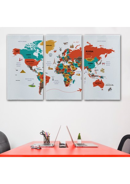 Dünya Haritası Dekoratif Kanvas Tablo Ülke ve Başkentli Öğretici ve Sembollü 2291 modelleri