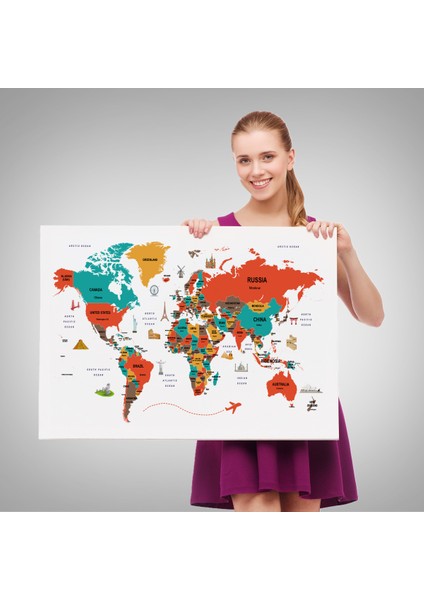 Dünya Haritası Dekoratif Kanvas Tablo Ülke ve Başkentli Öğretici ve Sembollü 2291 fırsatları