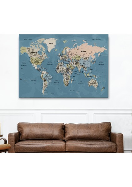 Türkçe Dünya Haritası Ayrıntılı Eğitici-Öğretici Okyanuslu Dekoratif Kanvas Tablo 2522 fiyatları