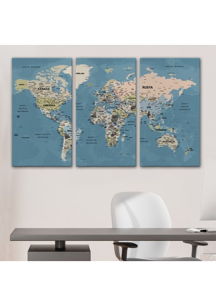 Türkçe Dünya Haritası Ayrıntılı Eğitici-Öğretici Okyanuslu Dekoratif Kanvas Tablo 2522 modelleri