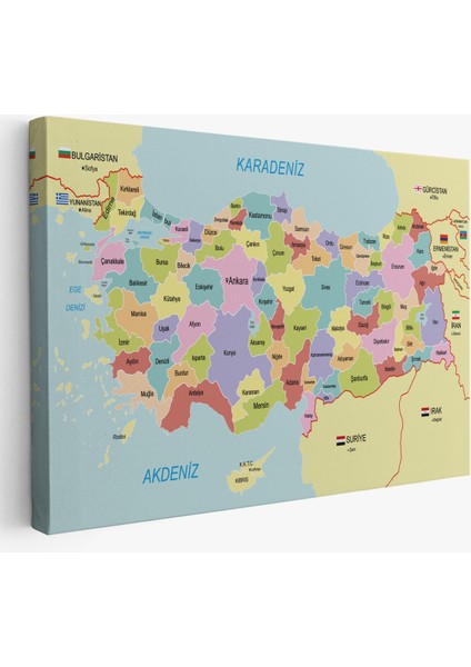 Türkiye Haritası Kanvas Tablo Sınır Komşulu Eğitici Dekoratif Tablo 3095