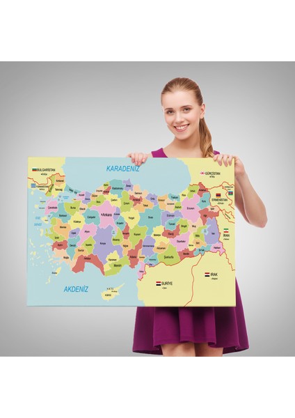 Türkiye Haritası Kanvas Tablo Sınır Komşulu Eğitici Dekoratif Tablo 3095 fırsatları