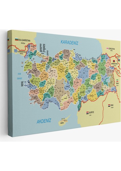 Türkiye Haritası Kanvas Tablo Il ve Ilçeli Ayrıntılı Eğitici Komşulu Tablo 3018
