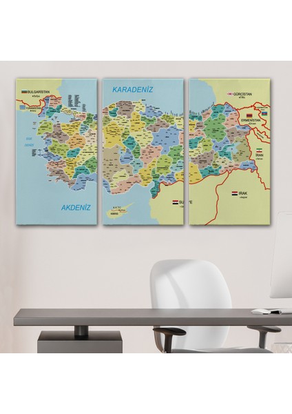 Türkiye Haritası Kanvas Tablo Il ve Ilçeli Ayrıntılı Eğitici Komşulu Tablo 3018 modelleri