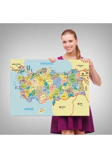 Türkiye Haritası Kanvas Tablo Il ve Ilçeli Ayrıntılı Eğitici Komşulu Tablo 3018 fırsatları