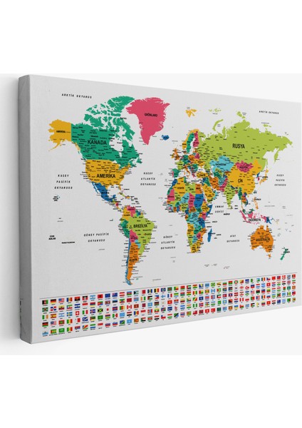 Türkçe Dünya Haritası Son Derece Ayrıntılı Eğitici ve Bayraklı Kanvas Tablo 2799