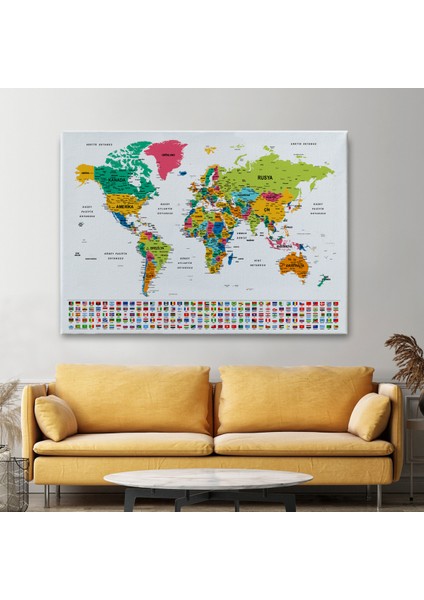 Türkçe Dünya Haritası Son Derece Ayrıntılı Eğitici ve Bayraklı Kanvas Tablo 2799 fiyatları
