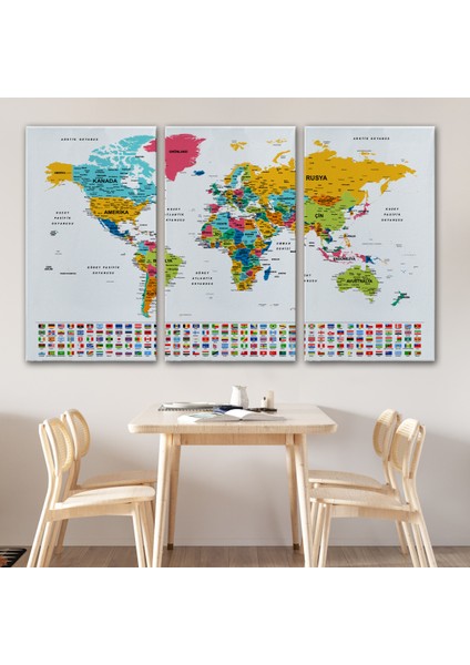 Türkçe Dünya Haritası Son Derece Ayrıntılı Eğitici ve Bayraklı Kanvas Tablo 2797 modelleri