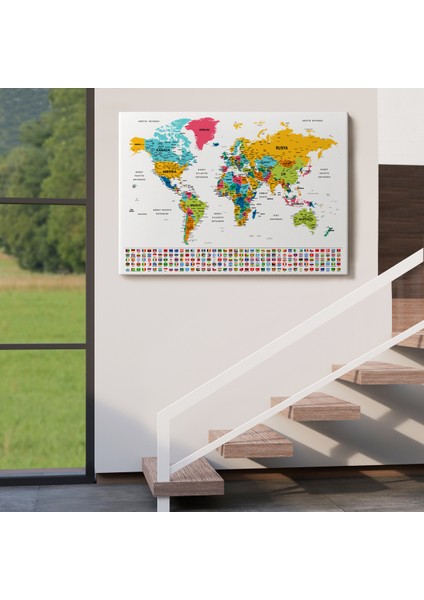 Türkçe Dünya Haritası Son Derece Ayrıntılı Eğitici ve Bayraklı Kanvas Tablo 2797 indirimleri