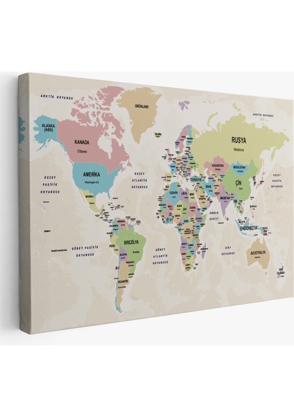 Türkçe Dünya Haritası Kanvas Tablo Ülke Başkentli ve Okyanus Detaylı Tablo 2748