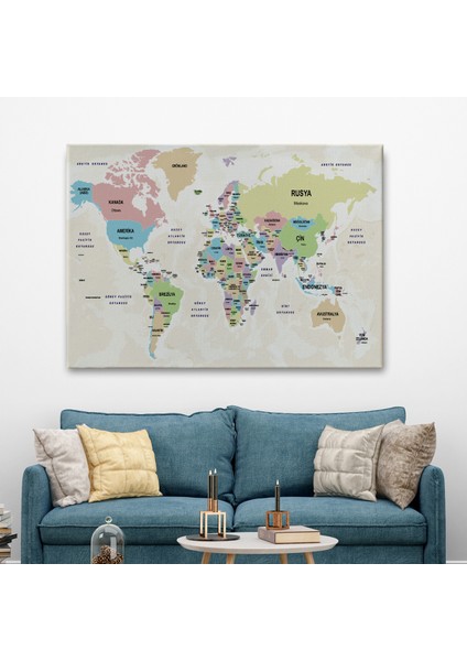 Türkçe Dünya Haritası Kanvas Tablo Ülke Başkentli ve Okyanus Detaylı Tablo 2748 fiyatları