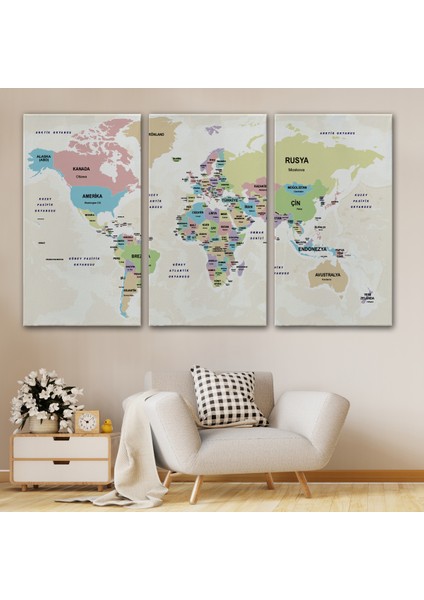 Türkçe Dünya Haritası Kanvas Tablo Ülke Başkentli ve Okyanus Detaylı Tablo 2748 modelleri