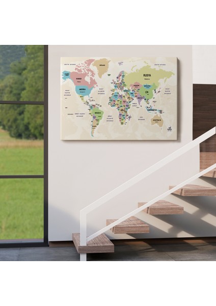 Türkçe Dünya Haritası Kanvas Tablo Ülke Başkentli ve Okyanus Detaylı Tablo 2748 indirimleri