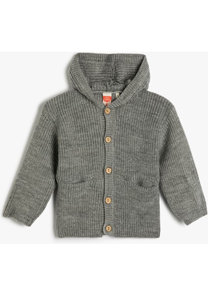 Kapşonlu Örgü Hırka Düğme Kapamalı Cep Detaylı