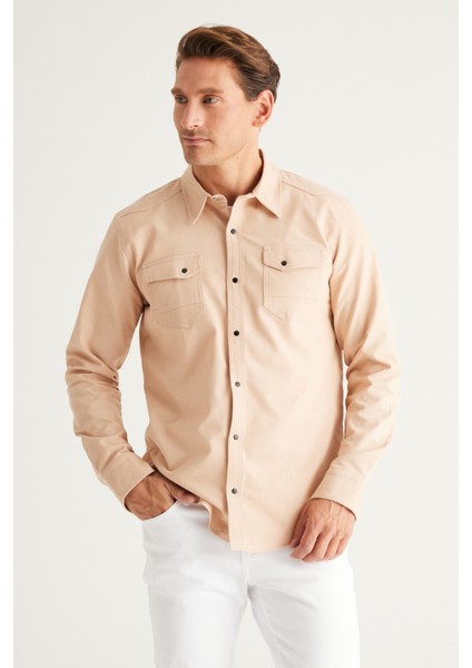 Erkek Bej Slim Fit Dar Kesim Klasik Yaka Pamuklu Gömlek