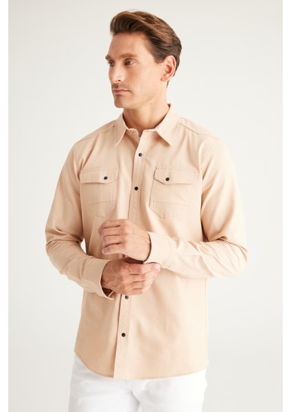 Erkek Bej Slim Fit Dar Kesim Klasik Yaka Pamuklu Gömlek