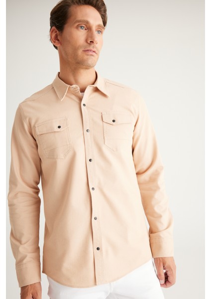 Erkek Bej Slim Fit Dar Kesim Klasik Yaka Pamuklu Gömlek