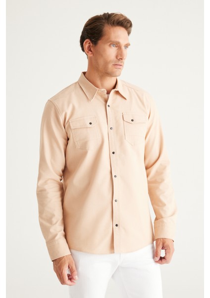 Erkek Bej Slim Fit Dar Kesim Klasik Yaka Pamuklu Gömlek