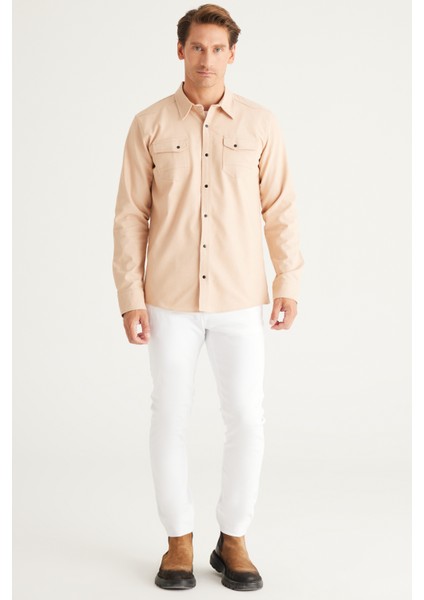 Erkek Bej Slim Fit Dar Kesim Klasik Yaka Pamuklu Gömlek