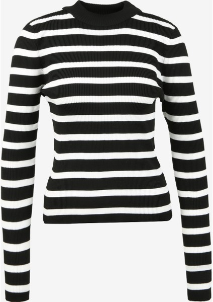 Yarım Balıkçı Yaka Normal Çizgili Siyah - Beyaz Kazak Kadın A3WL-KZK5