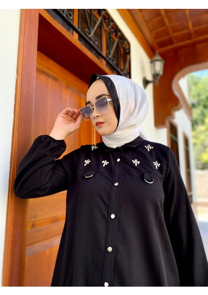 Taşlı Şık Düğme Detaylı Gömlek - Siyah