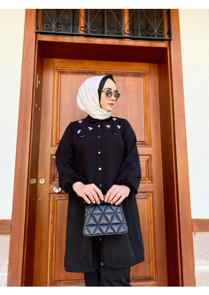 Taşlı Şık Düğme Detaylı Gömlek - Siyah