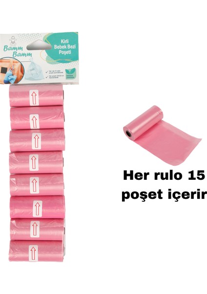 Bamm Bamm Kirli Bebek Bezi Poşeti Çanta Boy Pembe 8 Rulo (120 Adet)