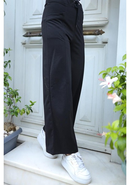 Kadın Çimalı Bol Paça Pantolon Eşofman BRC6502 Siyah