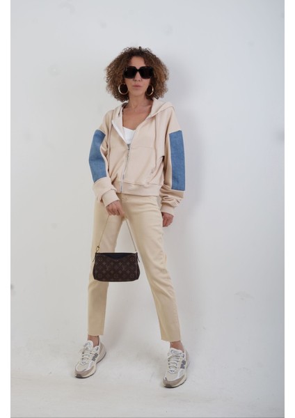 Bej Denim Detaylı Kapüşonlu Fermuarlı Sweat fiyatları