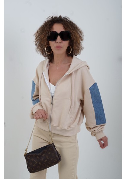 Bej Denim Detaylı Kapüşonlu Fermuarlı Sweat modelleri