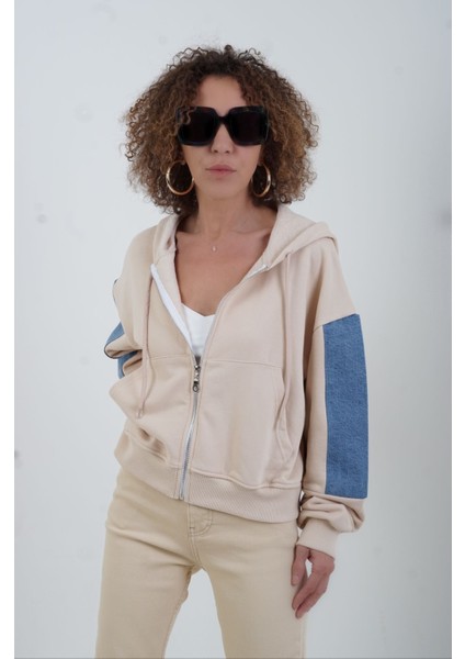 Bej Denim Detaylı Kapüşonlu Fermuarlı Sweat indirimleri
