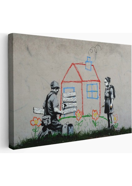 Bansky Çocuğun Çizdiği Evin Kapısını Kapatan Adam Kanvas TABLO-5019