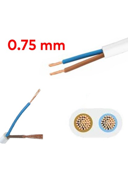 Ttr Çok Telli Elektrik Kablosu Topraksız Bakır Iletken Damarlı Beyaz Kablo 2x0.75 100 Metre fiyatları