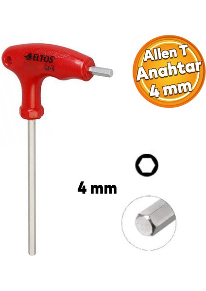 Eltos Allen Alyan 2 Uçlu T Tipi Anahtar Altıgen Köşeli Somun Vida Sıkma Sökme 4 mm ETA04